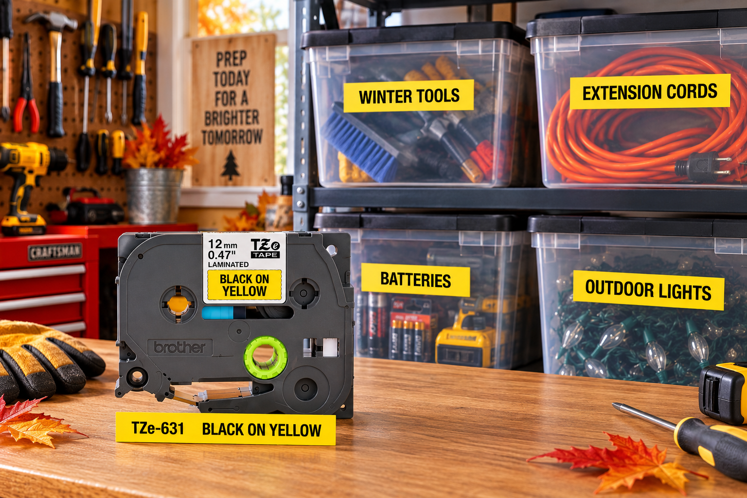 Black on yellow P-touch labels for garage and fall organization
