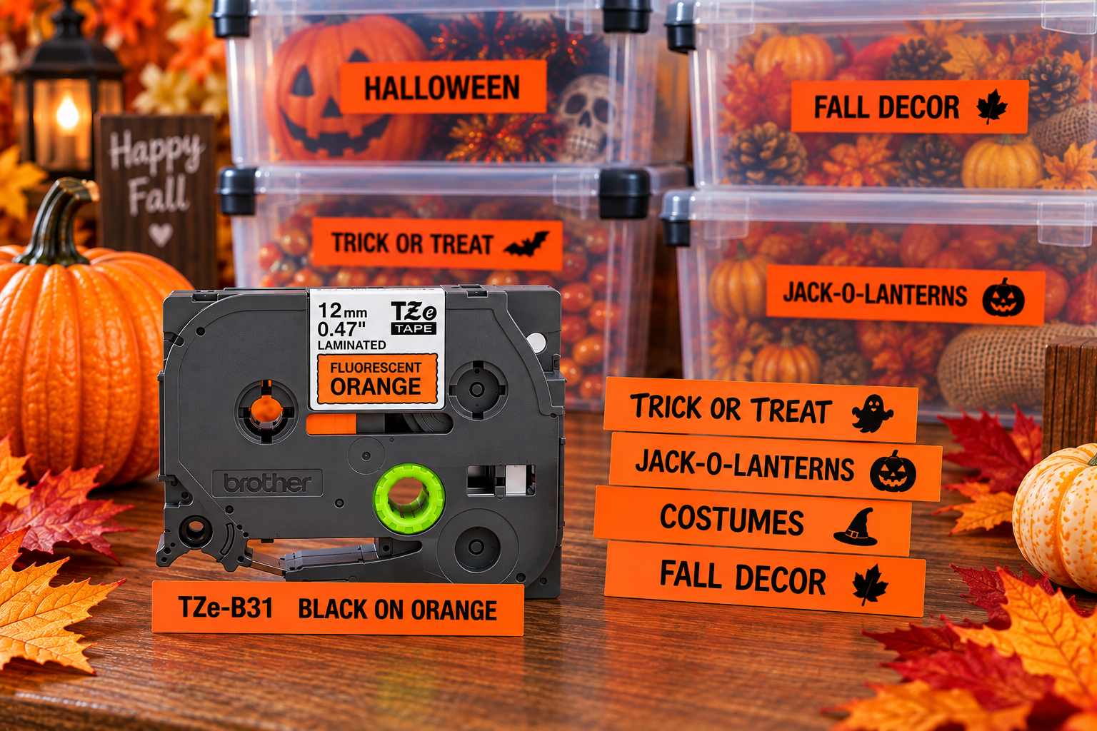 Black on orange P-touch tape for Halloween and fall storage labels