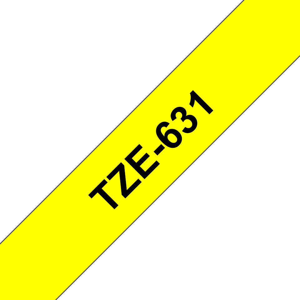 Black on yellow Brother P-touch safety label on warehouse shelving with caution warning